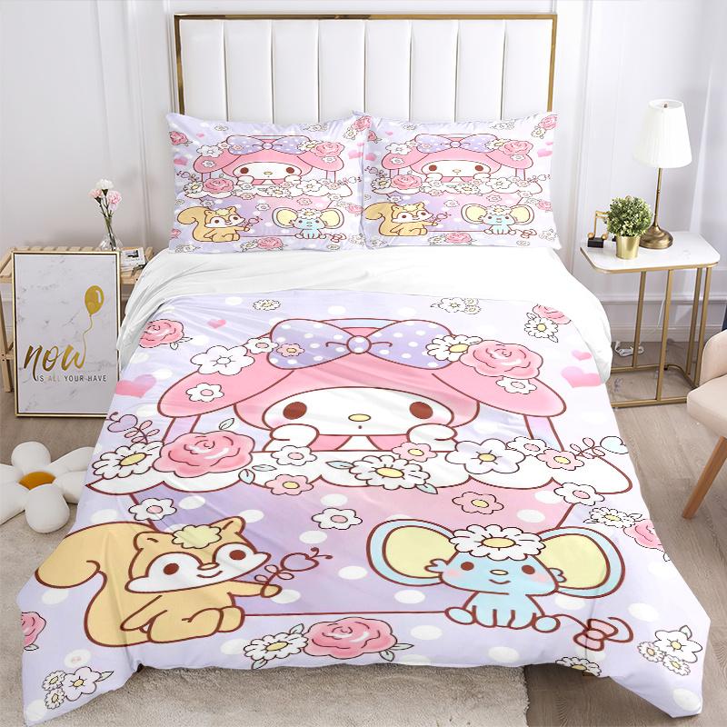 3pcs My Melody and Small Animals Pattern Bedding Set, 1* Cover + 2*Pillowcases, Printed Bedding Set, Soft and Comfortable.W068