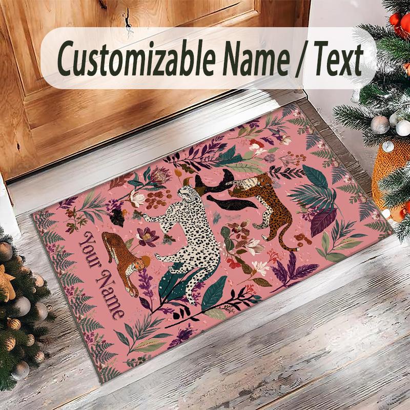 Leopard Theme Crystal Velvet Floor Rug Personalized Custom Name Text Warm Carpet Home Decoration