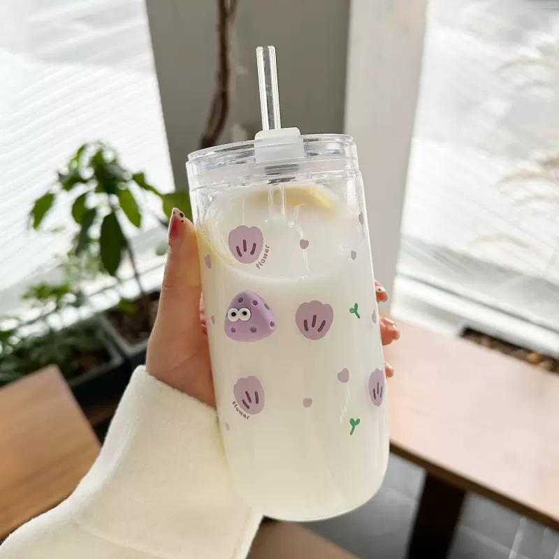 Kawaii blomma glaskopp med lock sugrör Söt apelsin kaffemugg Mjölkdrycker Koreanskt vatten Juice Tekopp Dryckesgods Present 600ml