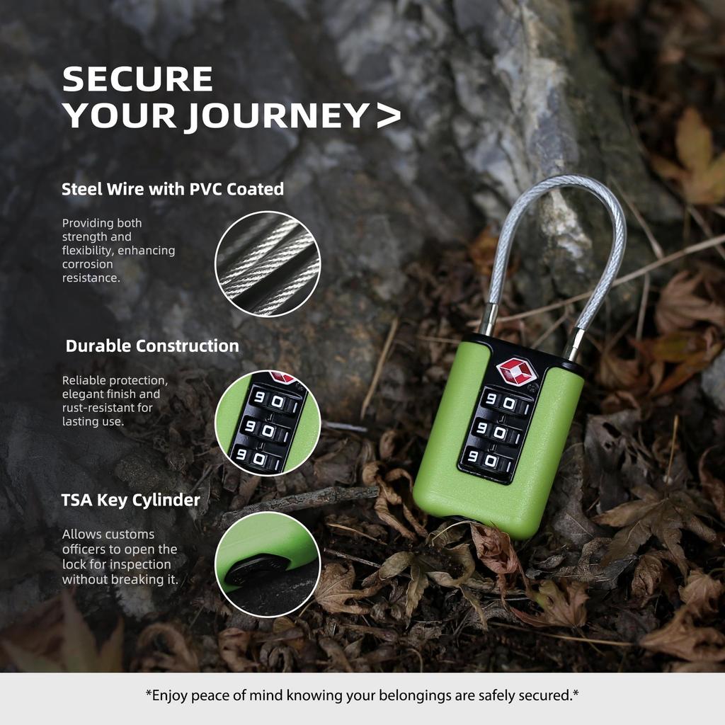Portable TSA Zinc Alloy Combination Lock with Steel Cable for Luggage