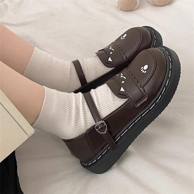Scarpe con plateau spesse da donna stile britannico con fibbia Scarpe singole Lolita Kawaii Gatto Scarpe Mary Jane basse Stile preppy Scarpe da studentessa
