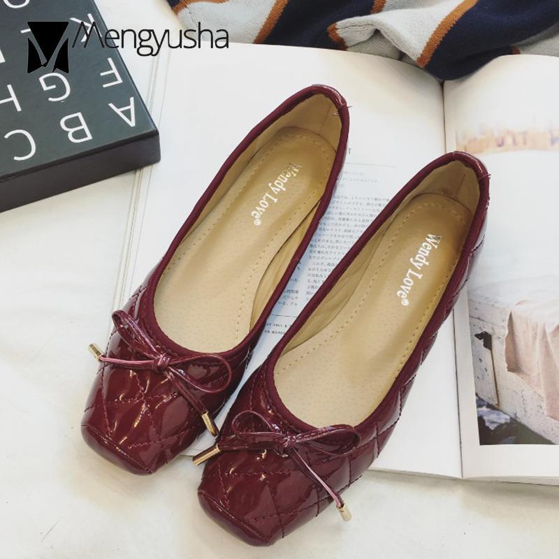 Fashion new japanned leather women shoes sweet bow square toe shallow flats loafers comfy soft soled slip on European single shoes femme