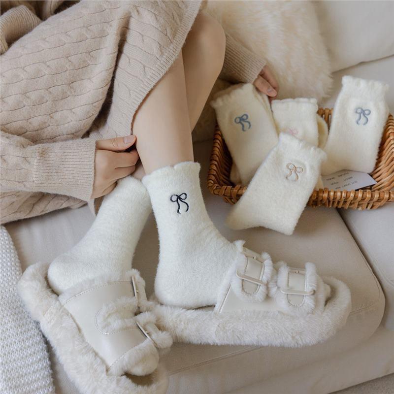 1/5pcs Cozy Hairy Mink Velvet Socks Bow Autumn Winter Hosiery Thickened Plush Socks Warm Sleep Home Fluffy Socks For Women