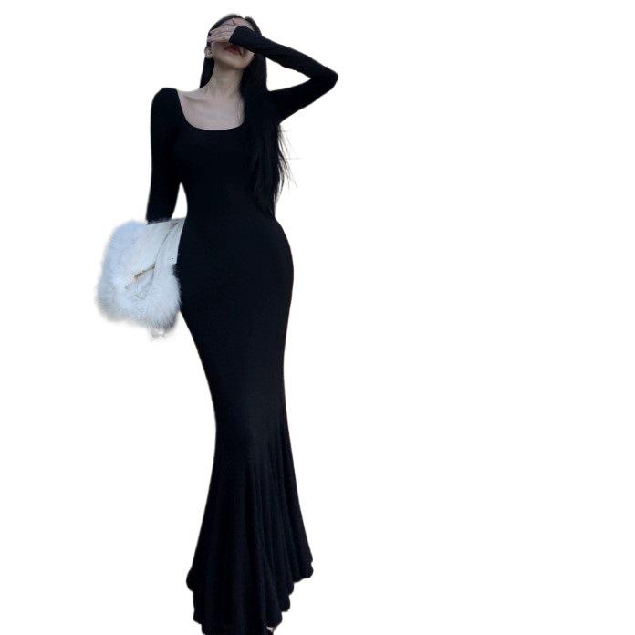 Schickes Langarm-Fischschwanzkleid mit quadratischem Ausschnitt für Damen