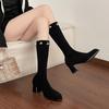 Design sense fashionable versatile retro square head thick heel heightened boots autumn and winter simple pearl fashion boots socks boots women