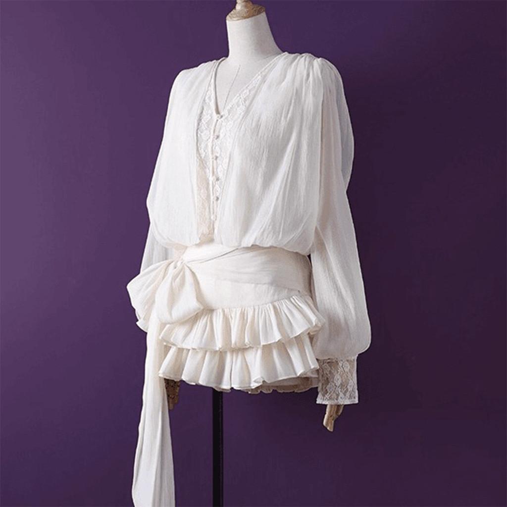 French Girl Style Lantern Sleeve Lace Bow Dress With High Waist For Casual Spring Fashion