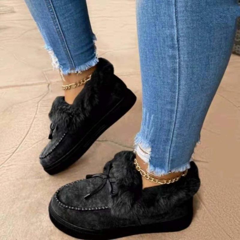 Women's Cotton Shoes, Winter Bow Warm Shoes, Flat-soled Large-size Fluffy Shoes, Large-size Women's Shoes