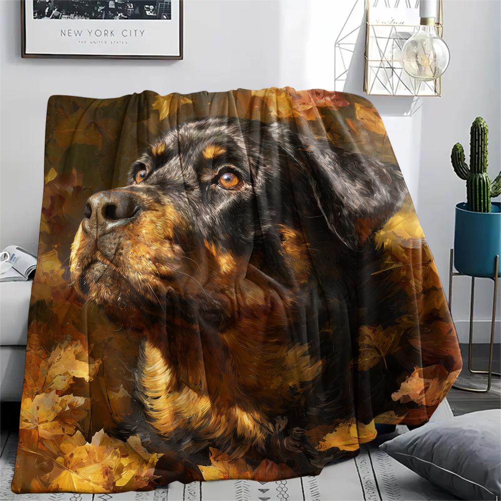 Rottweiler und Blätter, Muster Flanelldecke, Hohe Qualität, Bequem für alle Jahreszeiten, Heimdekoration, Wärme und Komfort, Perfekt für Geschenke.