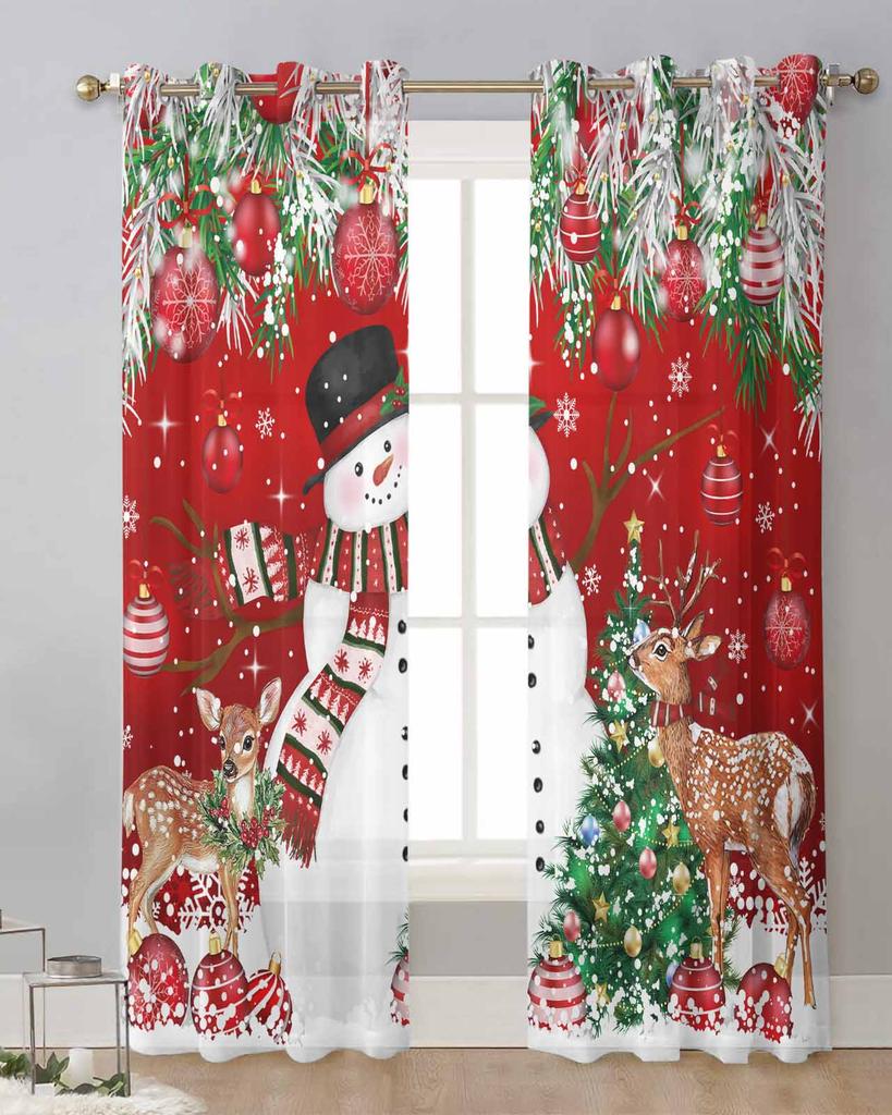 Christmas Ball Snowman Elk Christmas Tree Red Sheer Curtains Living Room Decoration Window Curtains Kitchen Tulle Voile Curtains
