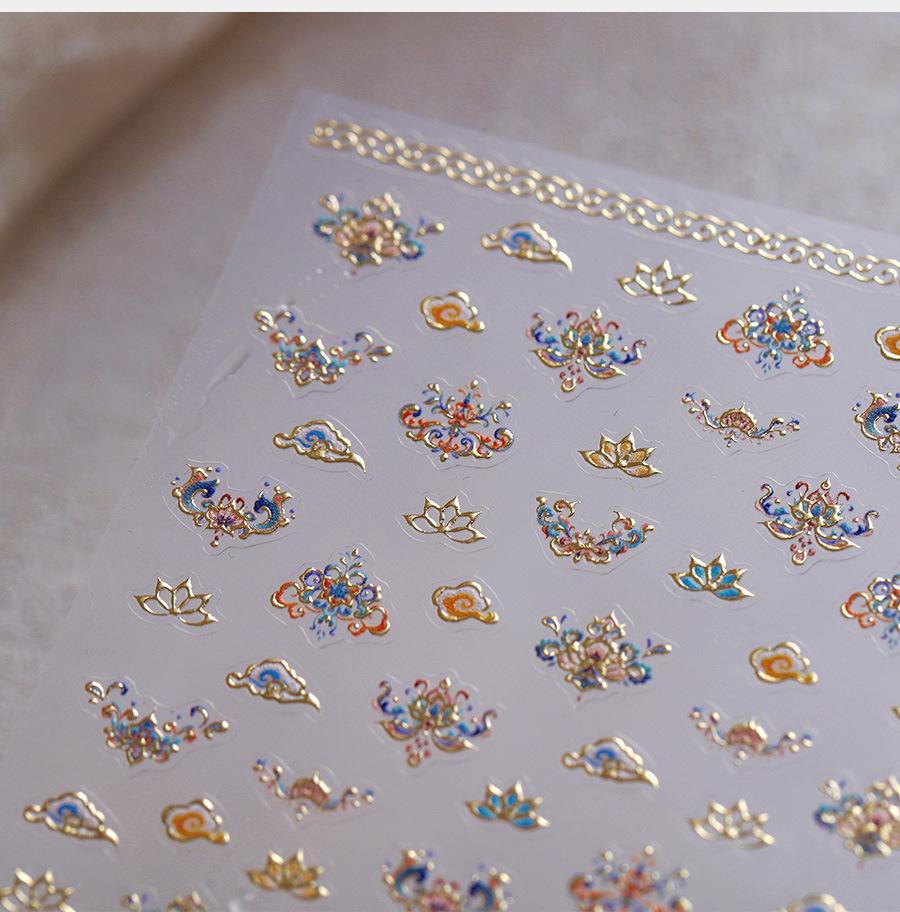 5D Floral Pattern Totems Vintage Gold Lotus Auspicious Colored Cloud Nail Art Sticker Chinese Self Adhesive Manicure Decal