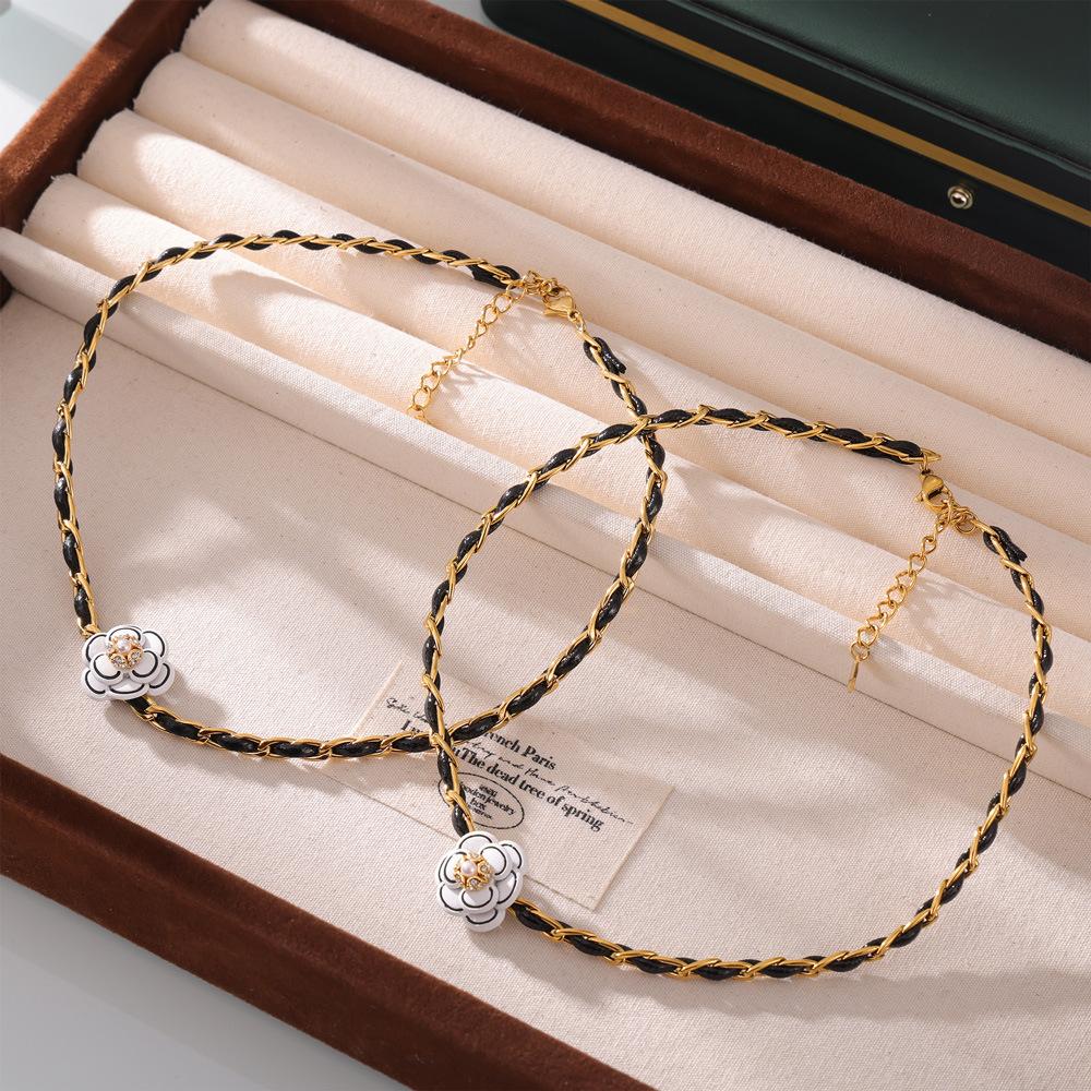 French Light Luxury Black Woven Leather Rope Titanium Steel Necklace Versatile Niche Camellia Shape Diamond Neck Chain Women