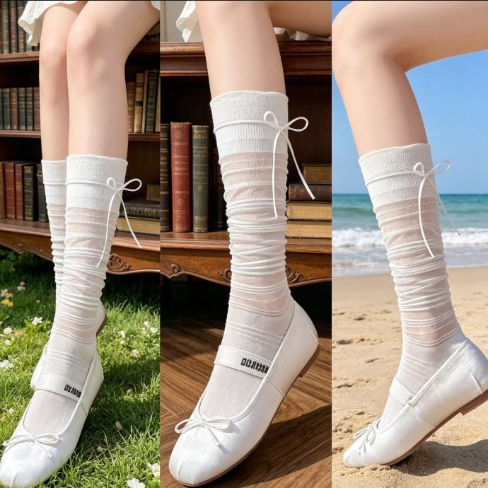 Korean Ballet Style Calf Socks Women's Spring and Summer Kola Stacking Socks Thin Breathable Jk Girl Bow Medium Tube Socks