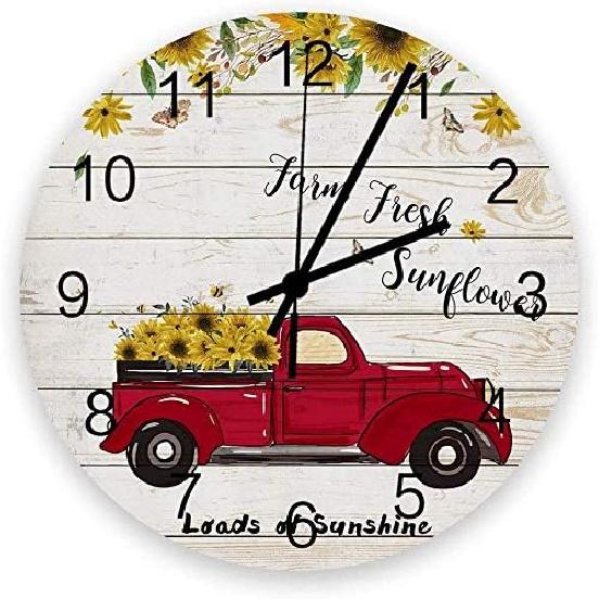 JUJUE Red Pickup Truck Full of Sunflowers Wall Clock 9.5 Inch Round Quiet Clock for Home Office Room Decorative