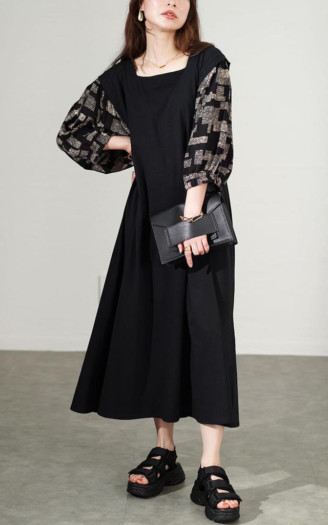 Gold Japan Große Größen Langes Cooles zu den Größen Schwarzes Damenkleid, Ärmel, Touch, Gemustert, Stretch, Frühling/Herbst/Sommer, LL-3L, (kt-7824560)