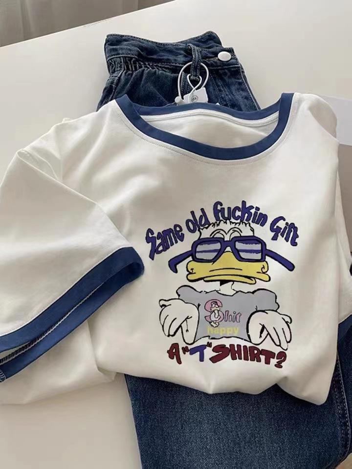 Czysta bawełna, biały t-shirt damski z krótkim rękawem, letni design, niszowy, w kontrastowym kolorze, w stylu Hong Kongu, szykowny top z bazą