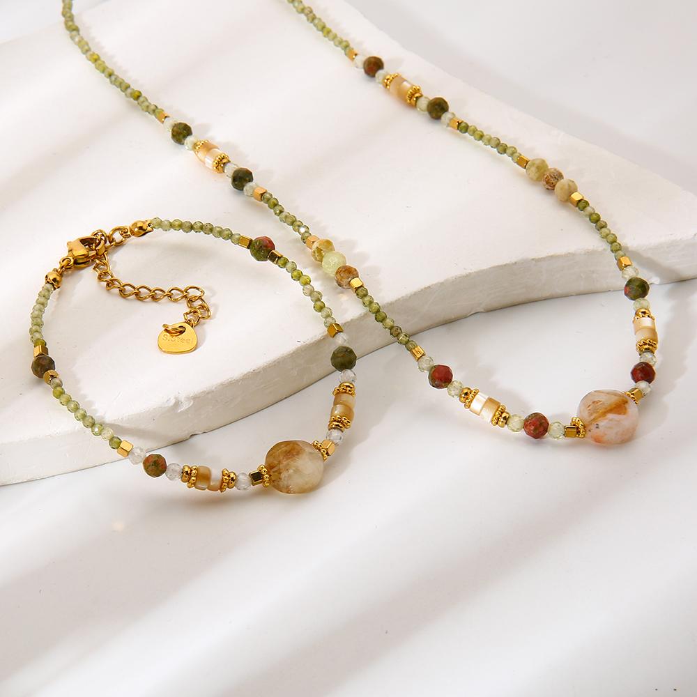 Delicate Jewelry Stainless Steel Mix Color Beads Natural Stones Charms Beaded Bracelet Necklace for Party
