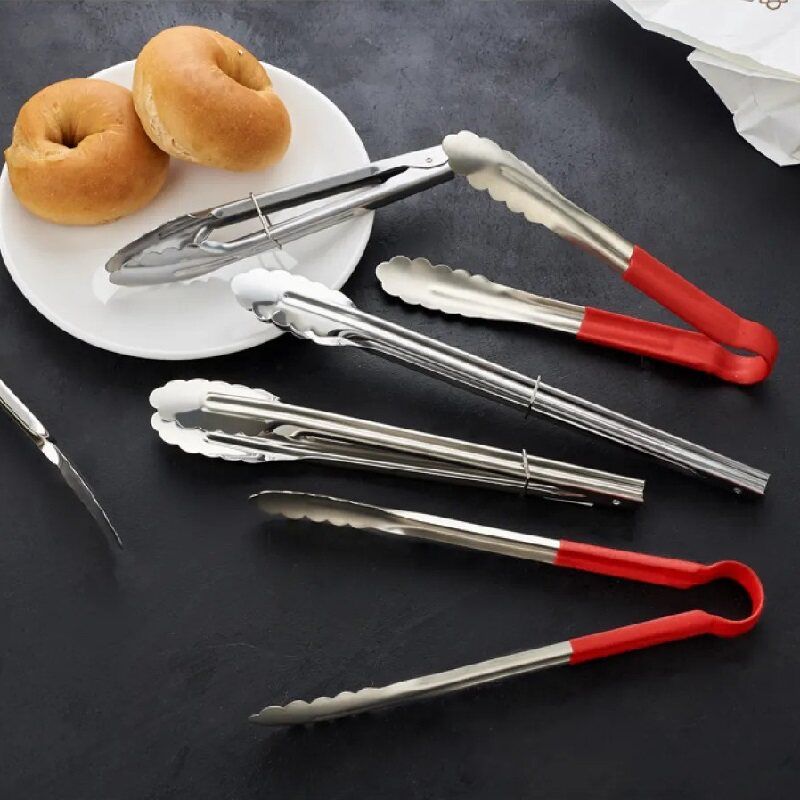Thickened Stainless Steel Tongs, Bread Tongs, Barbecue Tongs, Rubber-Handled Hanging Food Tongs, 10-12- 14-16inch Plum Blossom Tongs