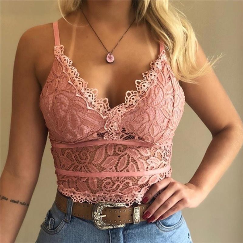 Women Fashion Deep V Neck Floral Lace Bra Sexy Spaghetti Straps Underwear Summer Slim Push Up Crop Top Hollow Out Sleeveless Bra Vest S-2XL