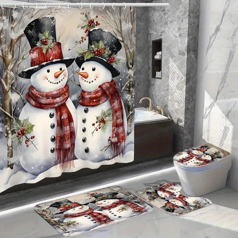 

Christmas Bathroom Decor Set With Waterproof Polyester Bath Ensemble, Snowman Theme, Includes 12 Hooks, Non-Slip Toilet Seat Cov W60H190(CM)-1 Pcs