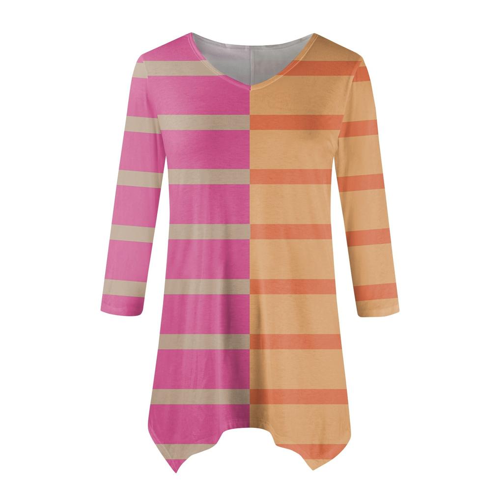 Women's Fashion Casual V-neck Striped Printed Seven-point Sleeve Shirt Belted Loose Comfortable Top