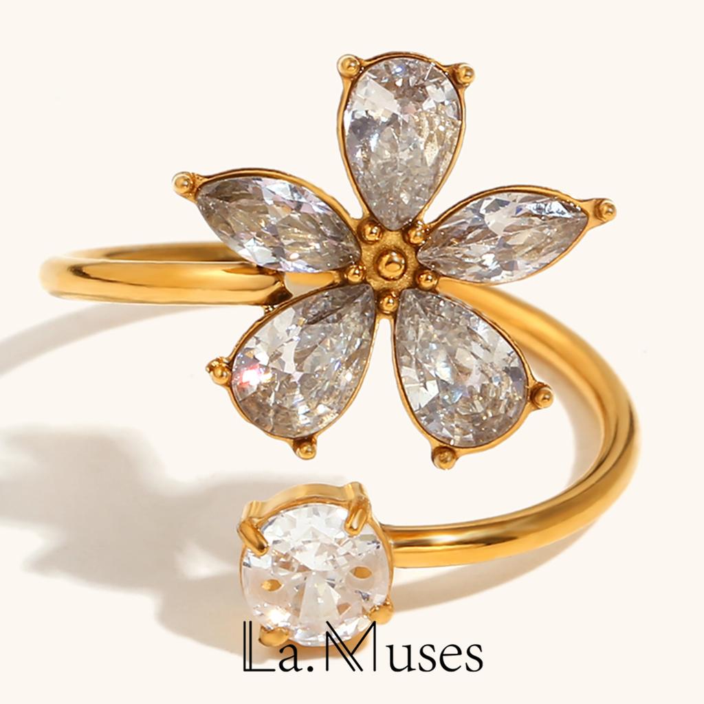 Das. Muses Luxus Funkelnder Zirkonia Blume Edelstahl Damen Offener Ring High-End Wasserdicht Zirkon Geschenke