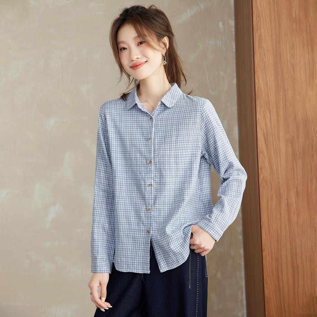 Vintage Damska Bawełniana Koszula w Kratę z Długim Rękawem - Wiosenno-Jesienny Casualowy Top do Warstwowania