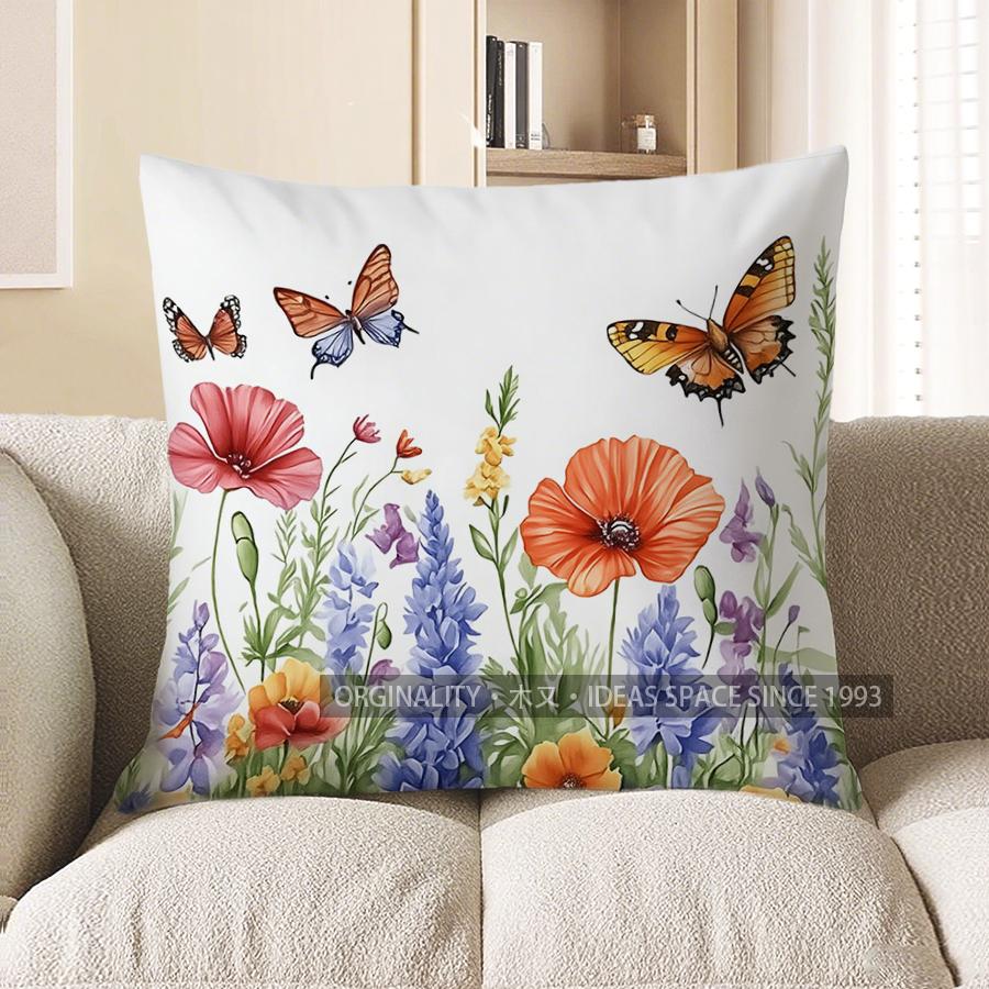 Home Decor Colorful Flowers & Butterflies Decorative Pattern Cushion Cover Suitable For Sofa Bedroom Car Pillow Cover