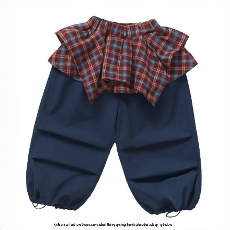 Girls' Korean Cartoon Plaid Bib Overalls Set - Autumn 2025 Edition