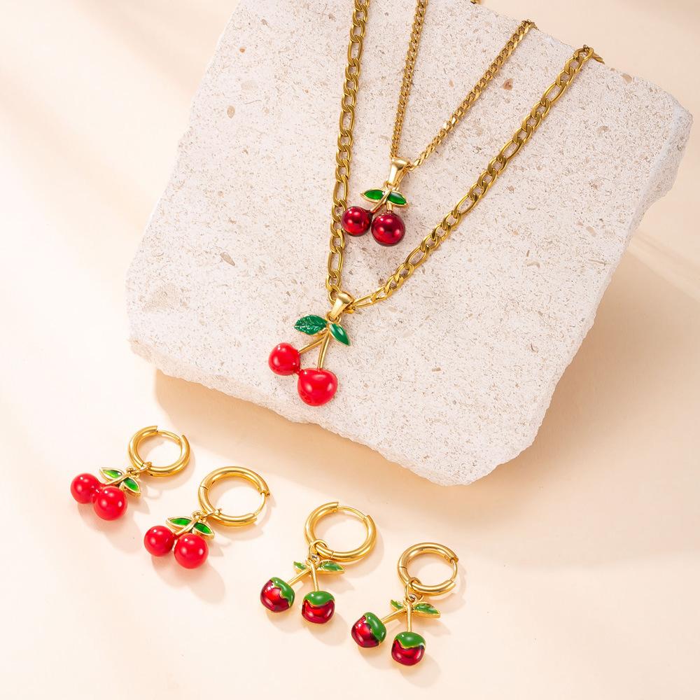 Stainless Steel Necklace Drip Red Oil Cherry Earrings Cute Sweet Plated 18k Gold Titanium Steel Jewelry Set