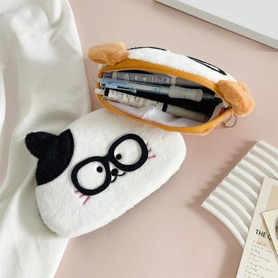 Cute Animal Pen Bag Kids Plush Cat Dog Pencil Pouch Stuffed Animal Wearing Glasses Zippered Stationery Bag for School Students Girls And Boys