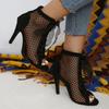Women's Stiletto Sandals Summer New Round Head Front Lacing Net Fabric Hollow-out Anti-slip Wear-resistant High Heels