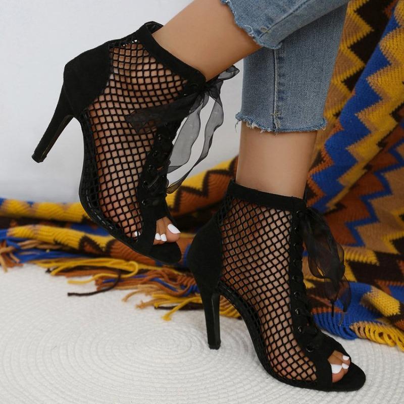 Women's Fashion Stiletto Sandals Summer New Round Head Front Lacing Net Fabric Hollow-out Anti-slip Wear-resistant High Heels