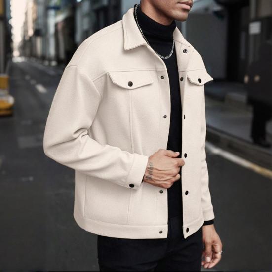Men Jacket Woolen Lapel Design Long Sleeve Solid Color Coat with Flap Pockets Design