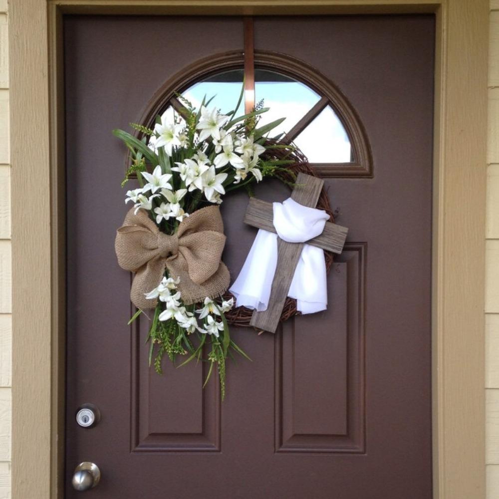 

Искусственные растения Иисус Крест Венок Пластиковый фестивальный венок Портативный дверной орнамент