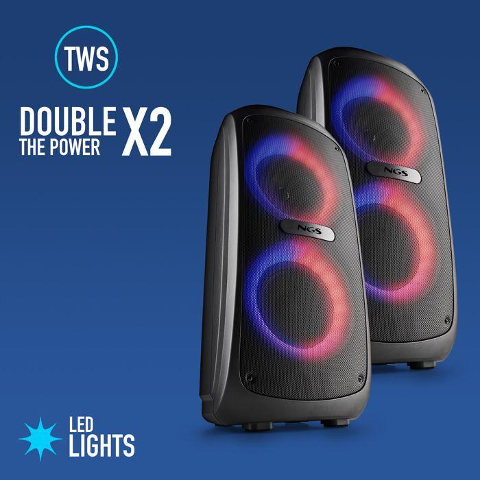NGS WILD TEMPER: 200W portable BT/TWS, USB/AUX, LED, 5h autonomie, 2 entrées micro.