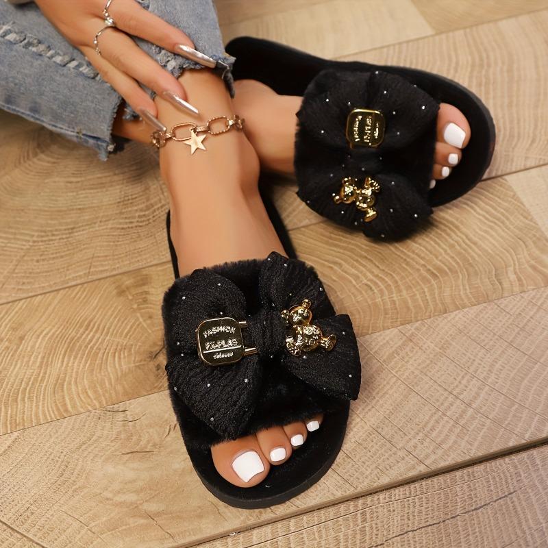 Women'S Elegant Pink Satin Bow Bear Decorative Plush Home Slippers - Stylish, Comfortable, and Stylish Flat Sandals for Indoor and Outdoor Use