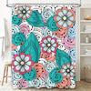 Whimsical Floral Print Shower Curtain Modern Bathroom Decor with Green Leaves, Blue Swirls Pink Flowers Waterproof Fabric for Ba