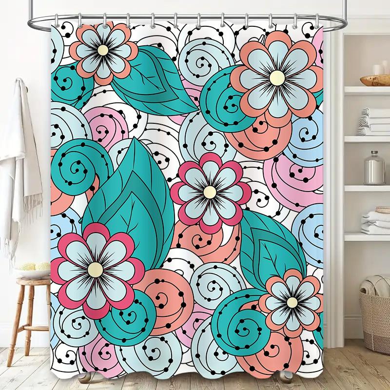 Whimsical Floral Print Shower Curtain Modern Bathroom Decor with Green Leaves, Blue Swirls Pink Flowers Waterproof Fabric for Ba
