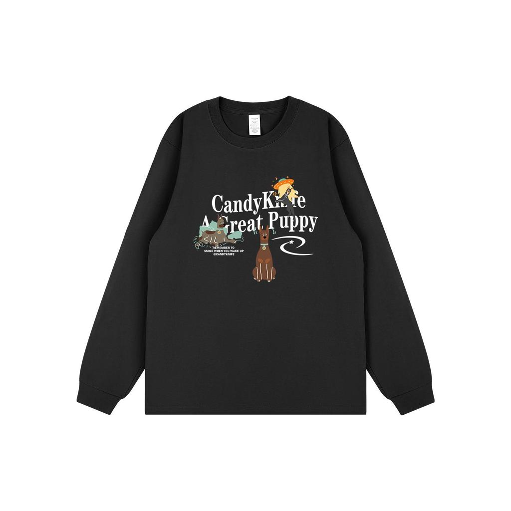 INS Trendy Retro Cartoon Dog Print Cotton Long Sleeve Couple T-shirt