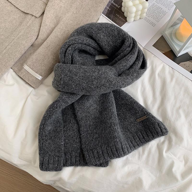 Korean Version Containing Wool Knitted Wool Solid Color Scarf for Women in Winter Thickened and Warm Versatile High End Cold Proof Scarf Trendy