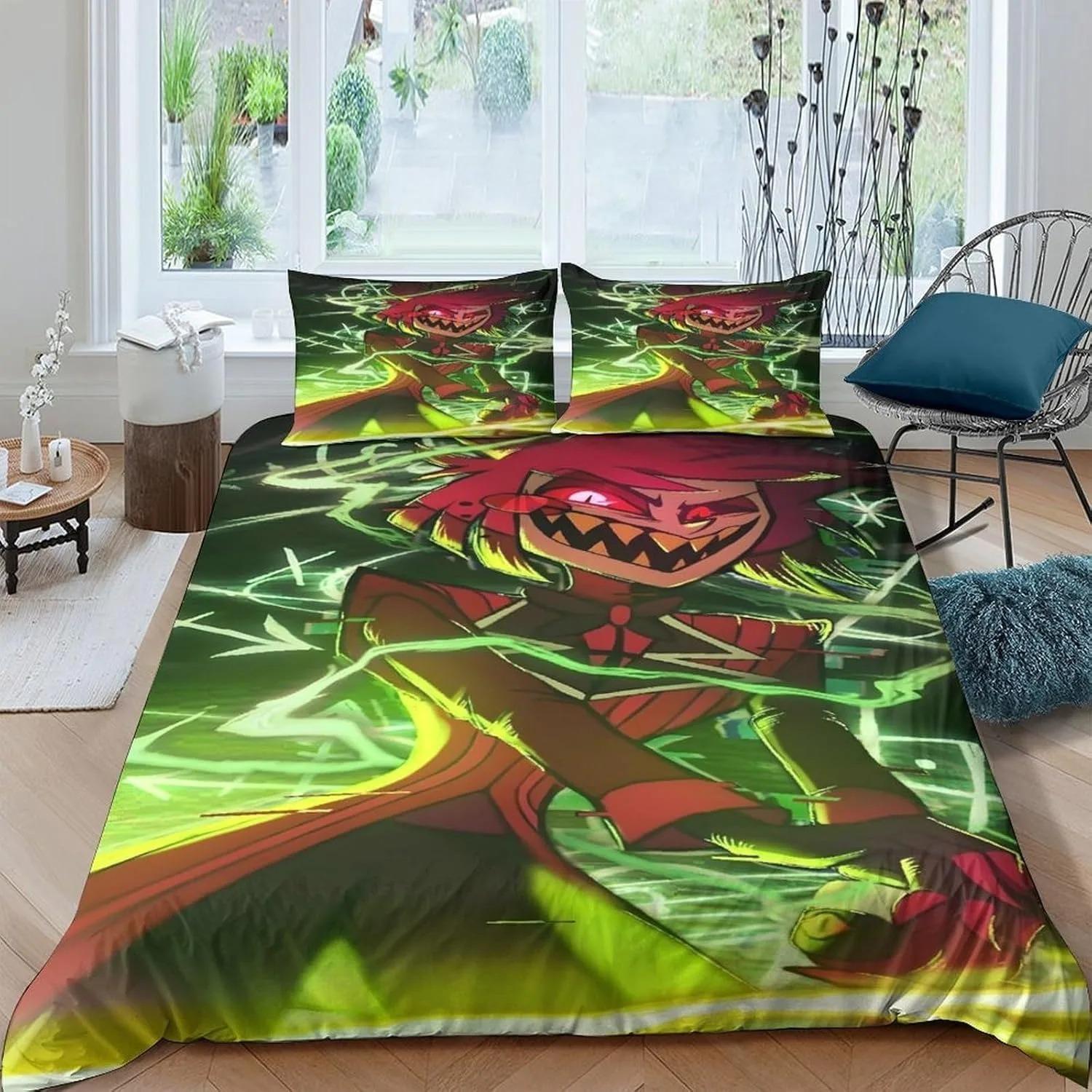 Housse de couette H-Hazbin Hotel parure de lit avec taie d'oreiller, taille simple/double, décoration de chambre pour enfants et filles adultes, cadeau 135x200cm