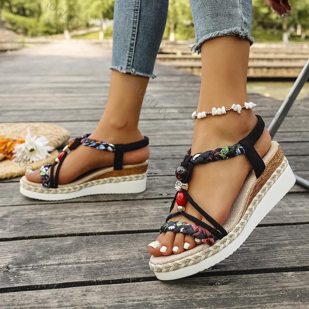 Fashion Women's Sandals Summer 2025 Bohemian Style Rhinestone Wedge-heeled Sandal Casual Mixed Color High Heel Open-toe Roman Sandales