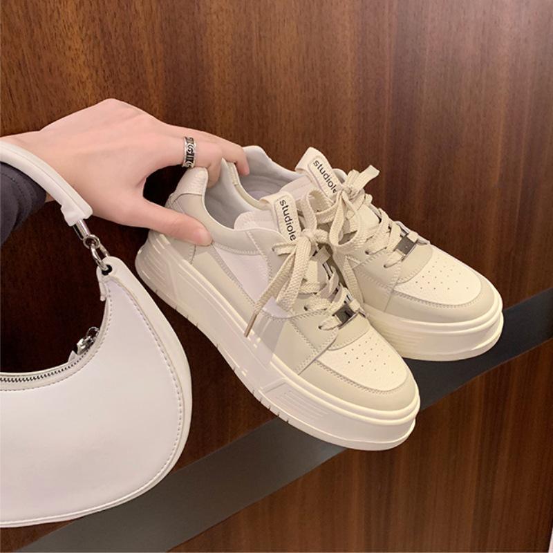 2025 new spring and autumn women's shoes sports and leisure versatile little white shoes color matching round head breathable lace thick baseplate sh