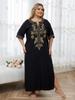 2024 Elegant Gold Embroidered Plus Size Black Kaftan Sexy Bathing Suit Cover Up For Women Summer V-neck Short Sleeve Beachwear Cozy House Dress Q1664