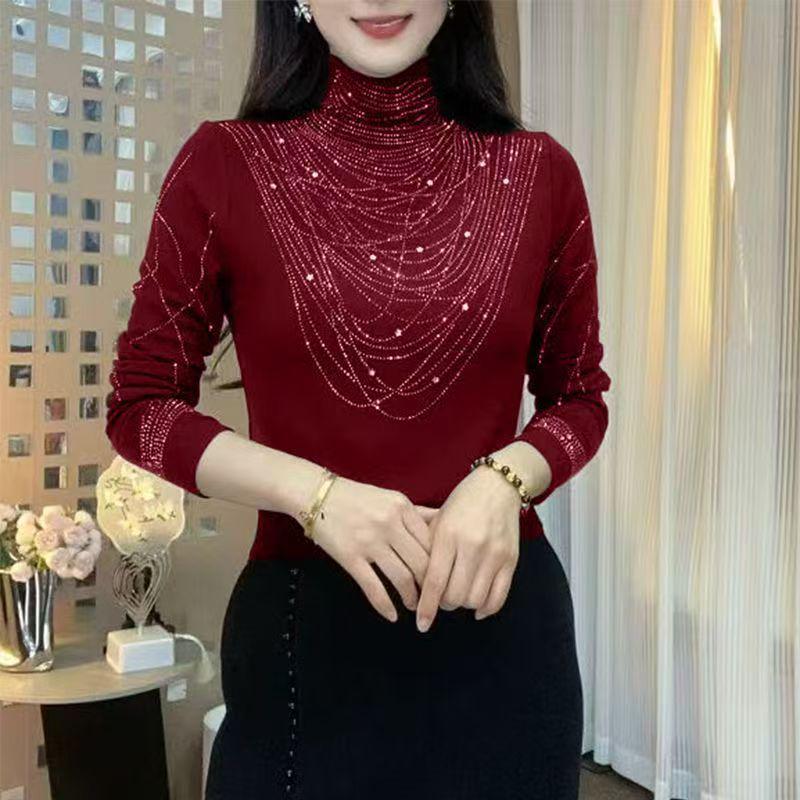 Europäischer Stil Damen Strass Halbhoher Kragen Langarm T-Shirt