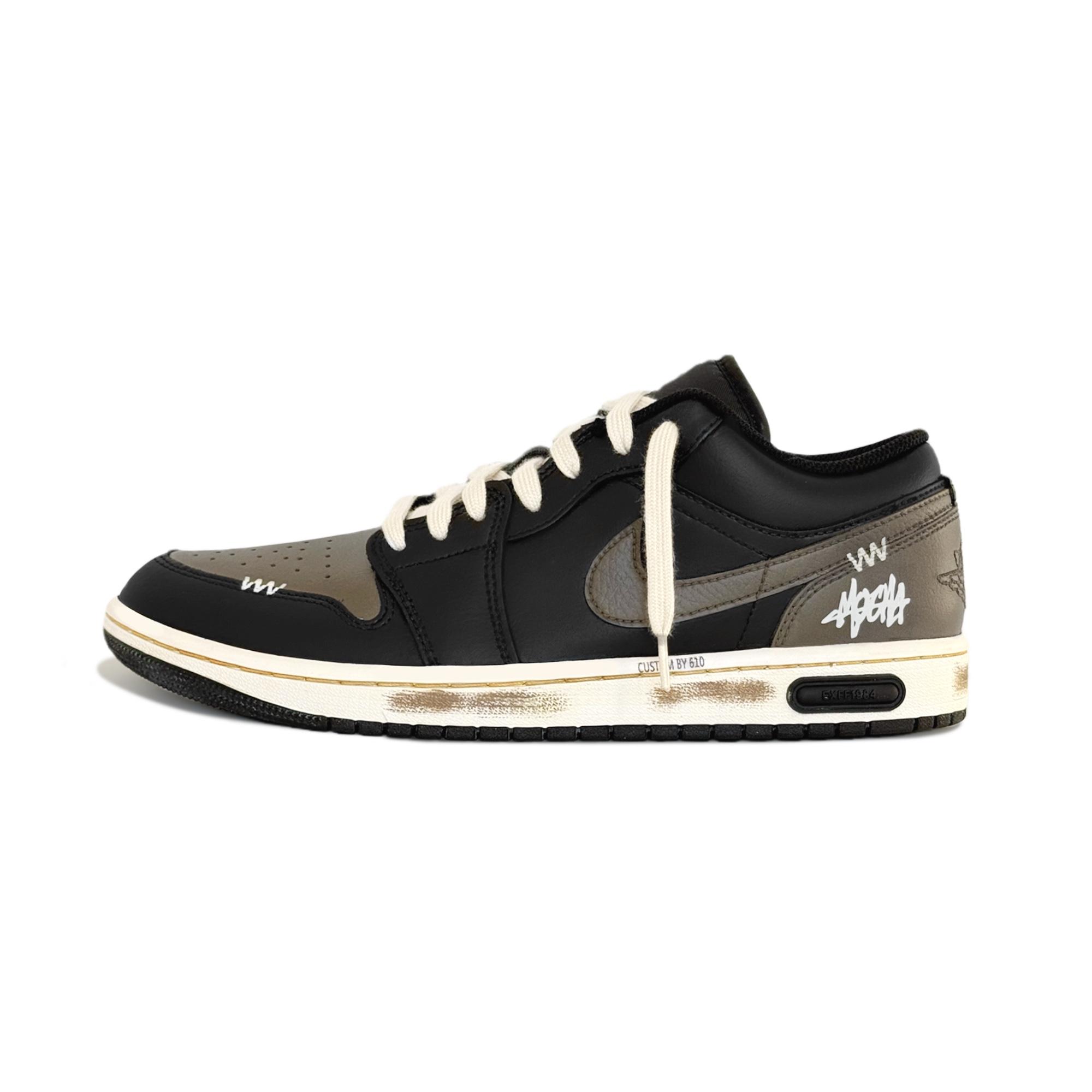 

Jordan Air Jordan 1 Black Mocha, Distressed, Goku Made Low top Vintage Basketball Shoes Unisex Black Brown 553558-081(Team610-) 44.5