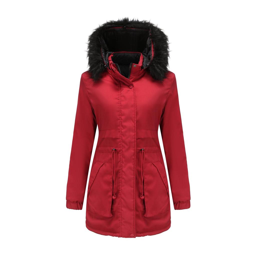 Women Winter Reversible Solid Color Long Sleeve Drawstring Fur Collar Removable Hat Quilted Parka M-3XL