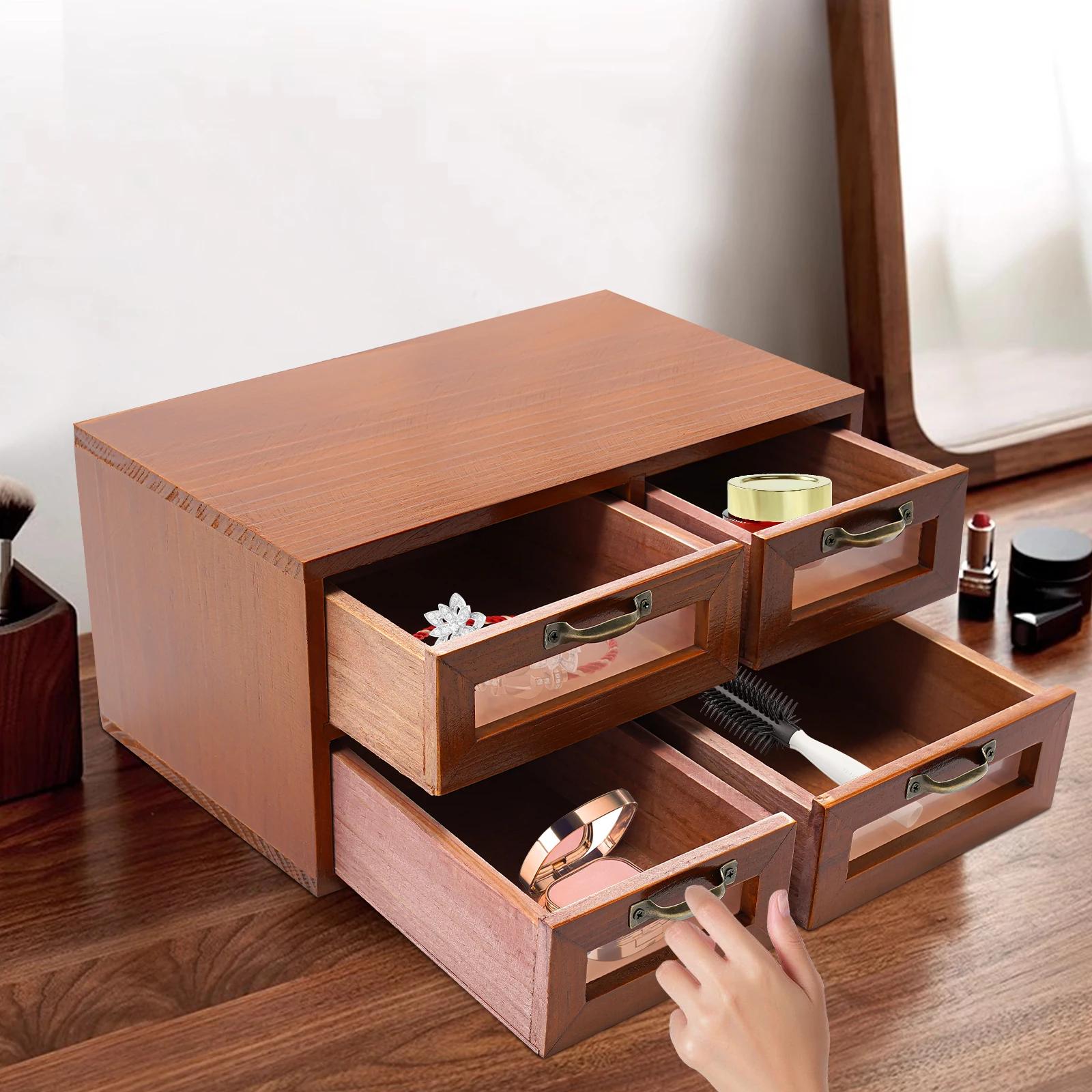 

Vintage Dark Brown Wooden Desk Organizer with 4 Drawers - Desktop Storage Cabinet for Office & Home - Compact Size 11.8x7x6In коричневый