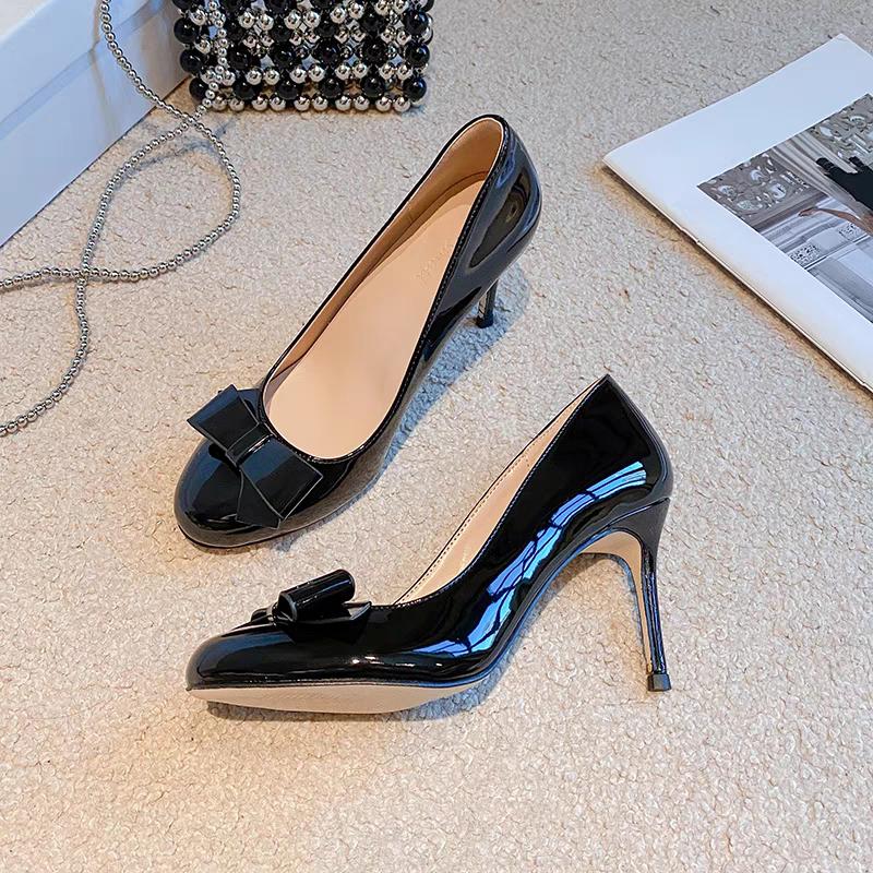 Fashion Autumn New Round Toe Shallow Bow Slip-on Anti-Slip Wear-Resistant High Heels Stiletto Single Shoes