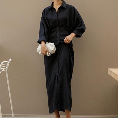 French Retro Shirt Dress for Women Spring and Summer New Cotton and Linen Waist Slim Fit Long Shirt Skirt